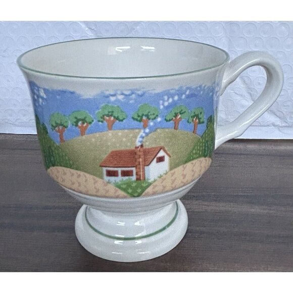 Sangostone 3645 Country Cottage 2 Coffee Tea Cups Footed 8 oz Mugs VTG Farm - Picture 6 of 6